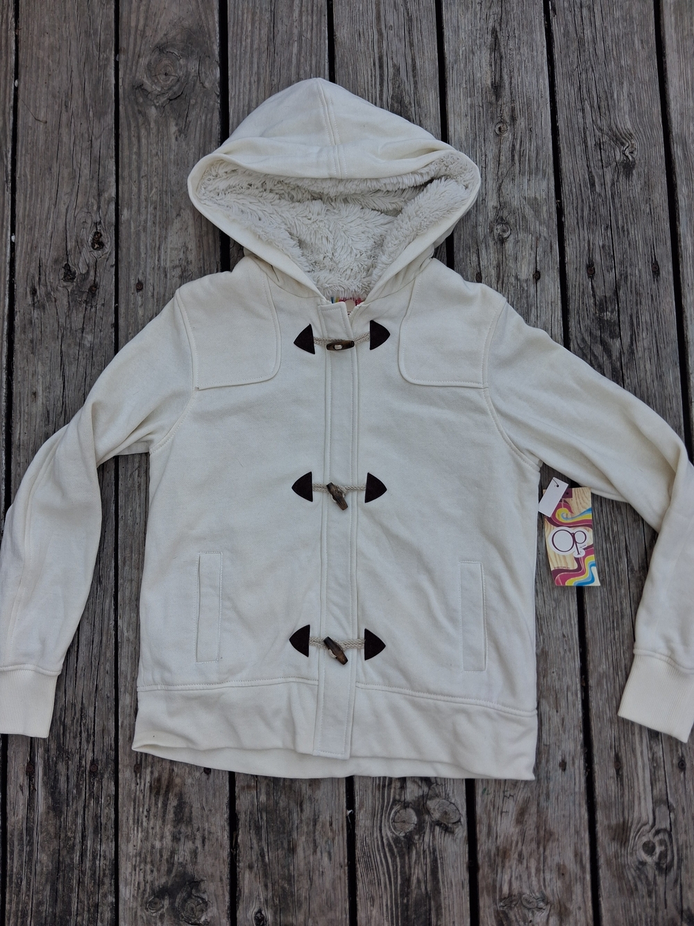OP Vintage Y2K Cream Hooded Sherpa-Lined Toggle Sweatshirt NWT Large